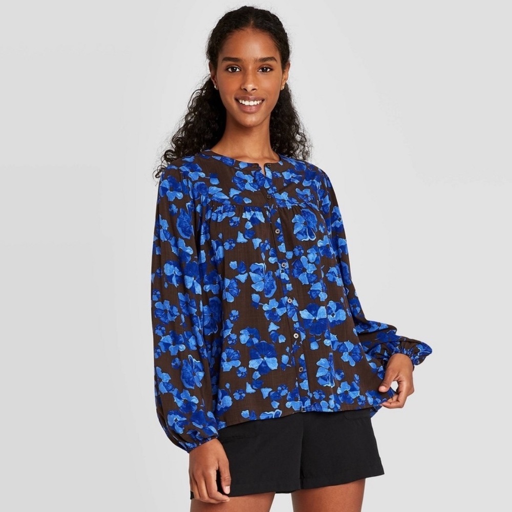 Brown & Blue Floral Print Long Sleeve Tunic